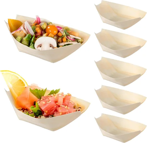 Vista 10 de Hemoton Platos de madera desechables de bambú para barcos de madera, mini sushi, bandeja para servir sushi, bandeja para servir sushi con hojas