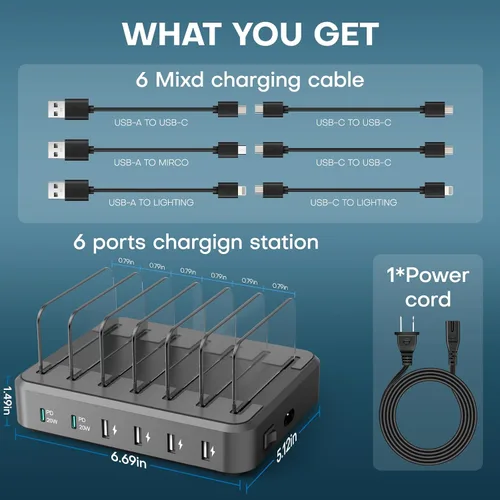 Vista 6 de Estación de carga para múltiples dispositivos, 65 W, 6 puertos, estación de carga rápida USB C con 6 cables de carga mixtos, base de carga