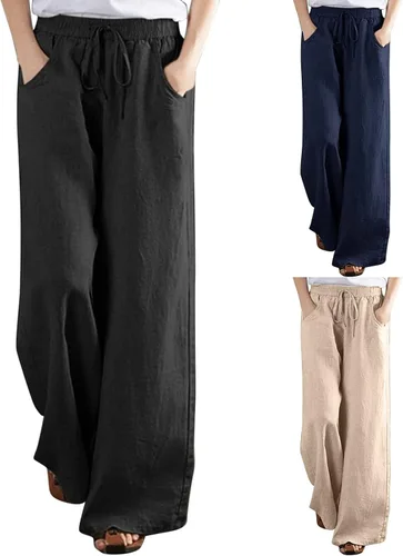 Vista 3 de Pantalones de lino para mujer, trajes de verano para mujer, estilo casual, pierna ancha, pantalones palazzo, cintura alta, pantalones fruncidos