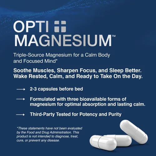 Vista 2 de Opti + Triple Magnesio Complejo Suplemento Apoyo de relajación del sueño cerebral* Mezcla de L-treonato, glicinato y acetil taurato de magnesio