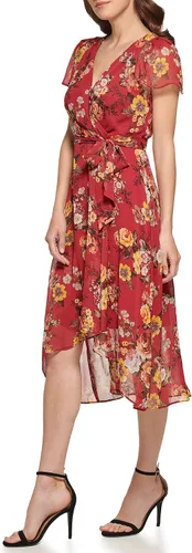 Vista 2 de DKNY Women's Short Sleeve Asymmetrical Hem Faux Wrap Dress