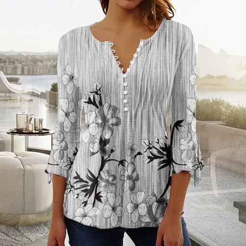 Vista 52 de Ceboyel Blusa tipo túnica con estampado floral para mujer, con botones, estilo Henley, con manga de codo, casual, trajes de moda para mujer