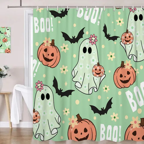 Vista 9 de Halloween Haunted Graveyard Shower Curtains, Horror Forest Shower Curtain for Bathroom, Scary Pumpkin Lantern Tombstone Skull Fabric Waterproof