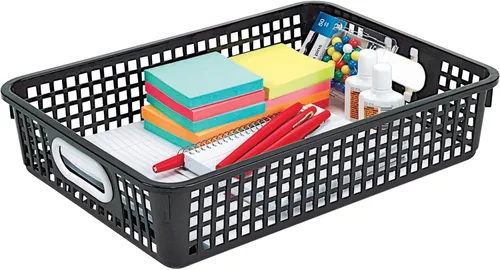 Vista 4 de Really Good Stuff Cesta de almacenamiento de papel de escritorio 14x10 - Negro Cestas de plástico de malla apilables de 14 x 10 x 3.25 pulgadas