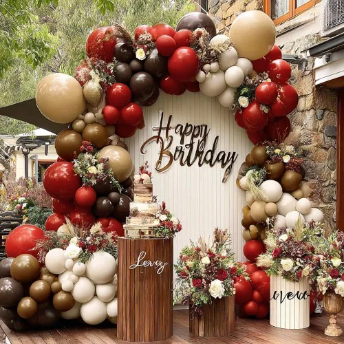 Vista 5 de Guirnalda de globos rojos, doble relleno, color rojo oscuro, marrón, borgoña, bronceado, nude, blanco, arena, kit de arco de globos para granja