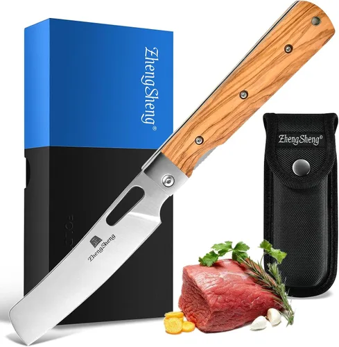 Vista 10 de ZhengSheng Cuchillo de chef plegable 4.8" Ultra afilado con hoja de acero inoxidable 440A, mango de oliva natural, cuchillo de cocina estilo japonés