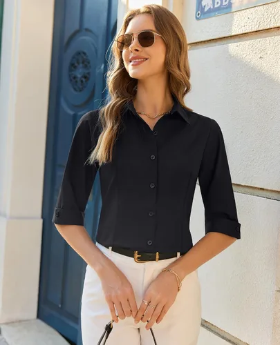Vista 7 de siliteelon 3/4 Sleeve Button Down Shirts for Women Stain Shield Blouses Top Negro
