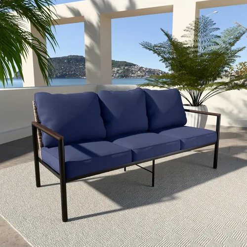 Vista 10 de COOS BAY Sofá de ratán de 3 asientos, sofá de dos plazas moderno para exteriores, sofá biplaza con cojines, sofá de balcón para patio, patio