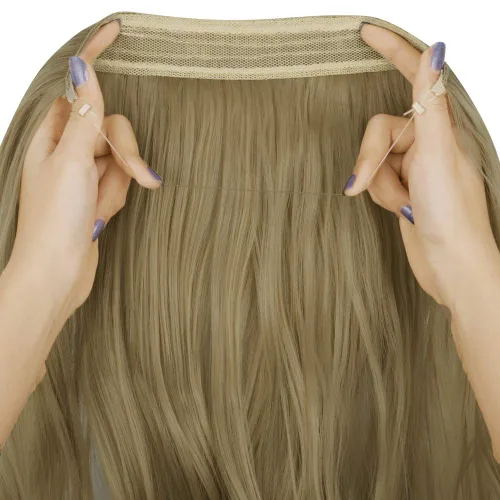 Vista 4 de Extensión de cabello rubio ceniza, diadema ajustable de alambre transparente, ondulado, rizado, sintético, postizo de 18 pulgadas, 4.2 onzas
