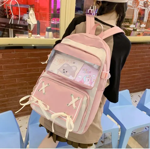 Vista 5 de Mochila Kawaii con bonitos accesorios para portátil de 15.6 pulgadas, mochila de viaje casual, bolsa estética para regalo de nuevo semestre, 01-rosa
