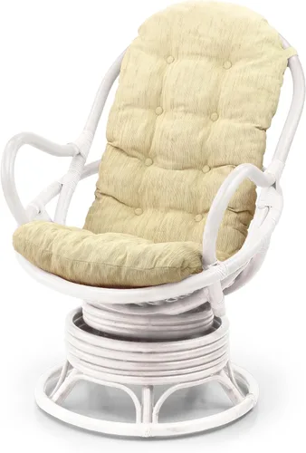 Vista 3 de Salón mecedora giratoria Java silla ratán mimbre hecho a mano con cojín crema, lavado blanco