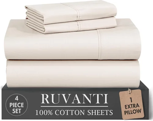 Vista 16 de RUVANTI Juego de sábanas de 4 piezas de algodón 100% natural de percal suave, ligero y transpirable, con bolsillos profundos de 16 pulgadas