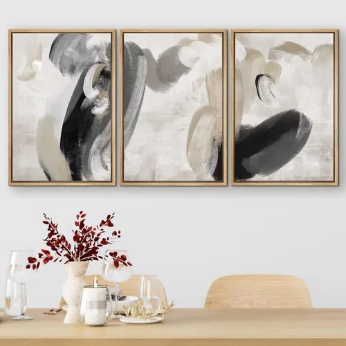 Vista 418 de SIGNFORD - Set de obras de arte en lienzo enmarcado para pared, ilustraciones abstractas de neblina del desierto en tonos neutros beige y marrón