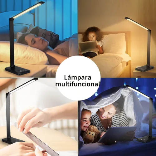 Vista 7 de Lámpara de escritorio LED White Crown, lámpara de mesa regulable, lámpara de lectura con puerto de carga USB, 5 modos de iluminación, control Negro