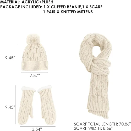 Vista 7 de OLizee Conjunto de bufanda y mitones de invierno para mujer, gorro de punto de calavera con pompones de piel sintética