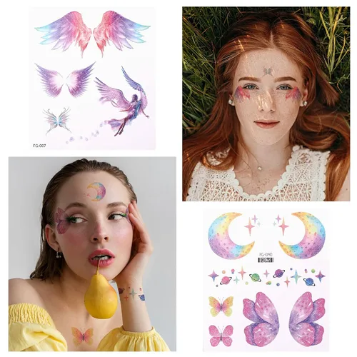 Vista 6 de 14 hojas de tatuajes de mariposa con purpurina, calcomanías temporales, impermeables, mariposas, tatuajes, rostros, alas de purpurina, maquillaje