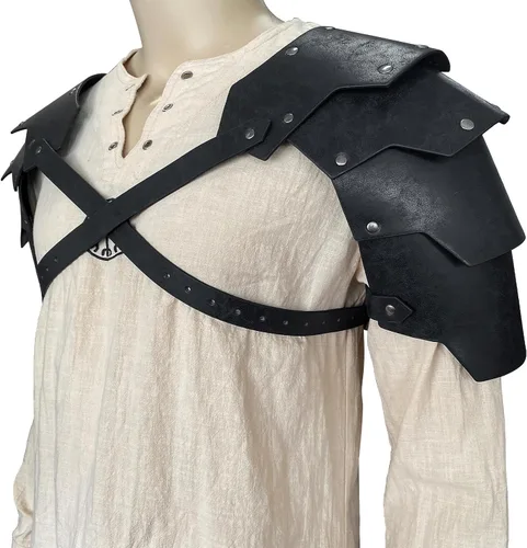 Vista 3 de HiiFeuer Hombrera doble medieval de piel sintética, armadura de hombro de caballero mercenario vintage para LARPCosplay Ren Faire