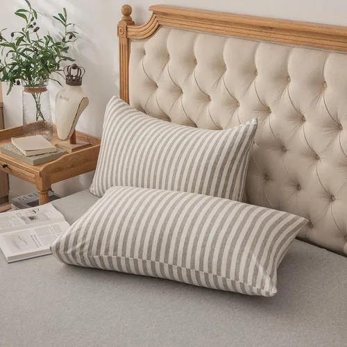 Vista 5 de PURE ERA Fundas de almohada de punto jersey 100% algodón tipo camiseta, súper suaves, cómodas, transpirables, juego de 2, estándar 20" x 26", rayas