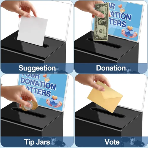 Vista 5 de Caja de donación negra Polmart con cerradura - Urna electoral segura con soporte de letrero extraíble y 2 llaves - para dinero, tarjetas, votos