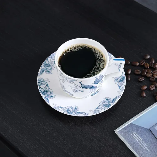Vista 4 de fanquare Juego de taza de té y platillo de porcelana de hueso de 9 onzas para 1, taza de café azul y blanca con juego de platos, taza de té