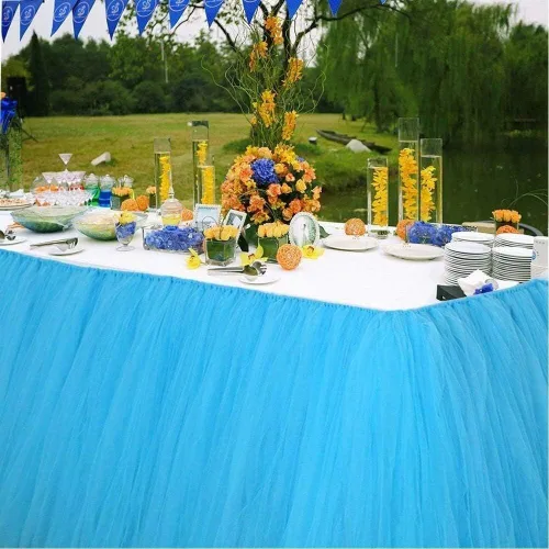 Vista 8 de Falda para mesa de tutú de tul, decoración de mesa rectangular o redonda para fiesta de boda, dama de honor, hermana, disfraz, moda de lujo Tutu-azul
