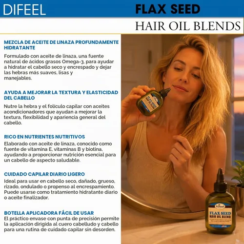 Vista 5 de Difeel Aceite natural prémium para el cabello, aceite capilar de semillas de lino, 2.5 onzas, tratamiento de aceite capilar fortalecedor e hidratante