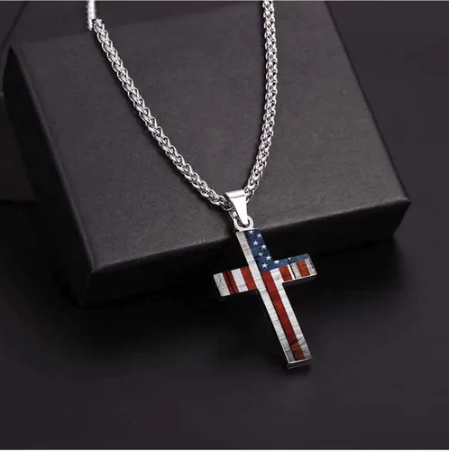 Vista 4 de Collar con colgante de cruz patriótica de la bandera estadounidense, joyería religiosa para hombres, Acero inoxidable, No es una piedra preciosa