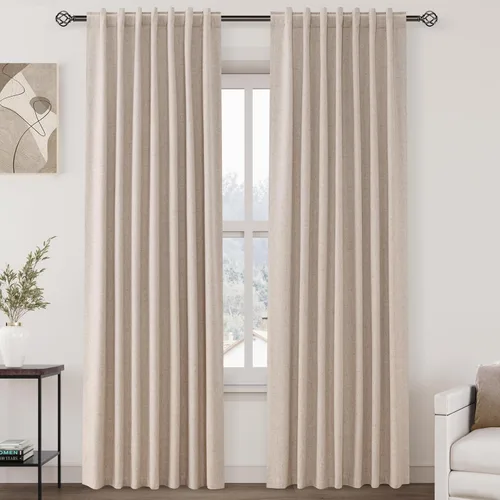 Vista 110 de Nanspring Cortinas de lino 100% opacas para dormitorio, 96 pulgadas de largo, con pestaña trasera, bolsillo para barra, aislamiento térmico, cortina