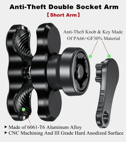 Vista 2 de BRCOVAN - Brazo de doble enchufe de aleación de aluminio antirrobo (brazo corto) Compatible con base de montaje de bola de 1 pulgada de RAM Mounts
