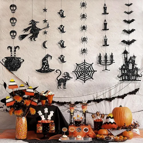 Vista 7 de Guirnalda colgante de Halloween negra con purpurina, fantasmas, brujas, murciélagos, arañas, casa encantada, gato y más, suministros de fiesta