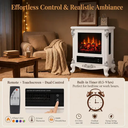 Vista 4 de Estufa de chimenea eléctrica con control remoto, calentador interior de Blanco antiguo