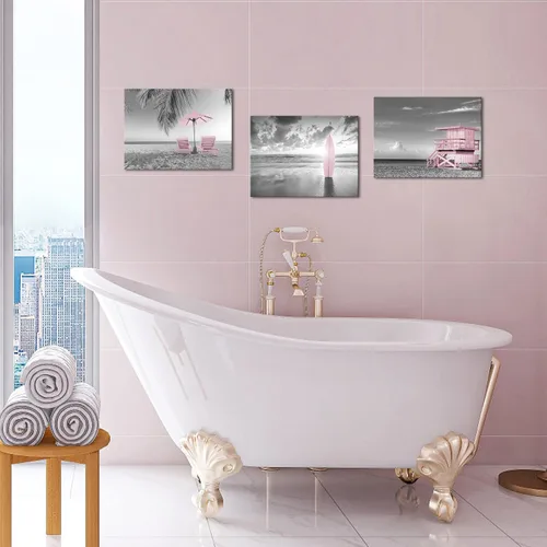 Vista 3 de Biuteawal 3 piezas de arte de pared costero de playa, impresiones artísticas para decoración de paisaje marino de verano, pintura temática gris