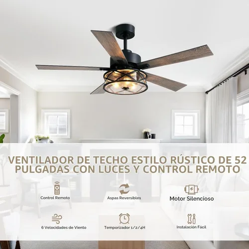 Vista 2 de Ventiladores de techo de granja con luces y control remoto, ventilador de techo rústico de 52 pulgadas con pantalla de vidrio de burbujas