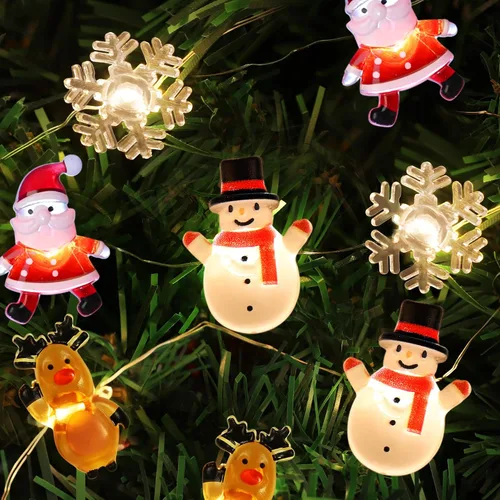 Vista 9 de [Temporizador] Luces de Navidad a pilas de 10 pies de Papá Noel, alce, copo de nieve, luces para decoración de árboles en interiores y exteriores