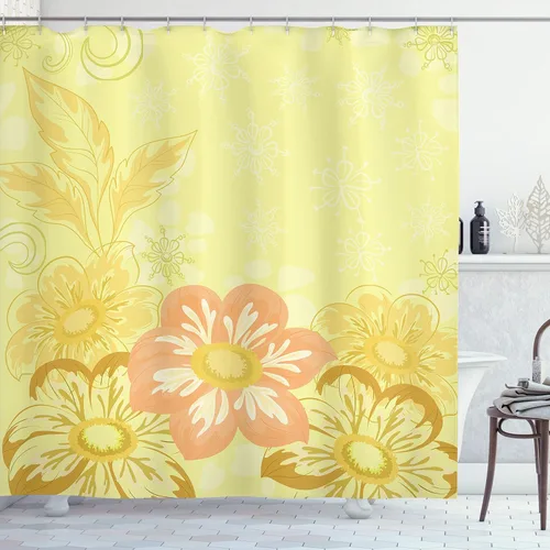 Vista 79 de Ambesonne Decor Collection, juego de cortina con ganchos para regadera Amarillo y marrón