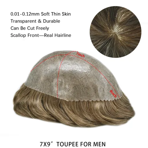 Vista 516 de Toupee para hombre 100% cabello humano real tupé para hombres 0.004 in piel de poliuretano para hombre, sistema de reemplazo de piezas de pelo