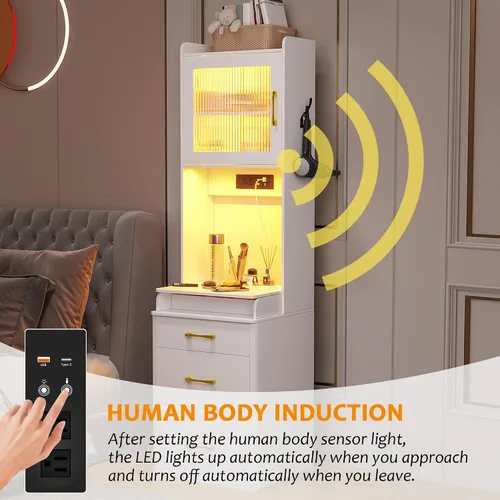 Vista 3 de Escritorio de tocador con estación de carga y taburete oculto, mesa de tocador de maquillaje con espejo abatible y luces, tocador con sensor