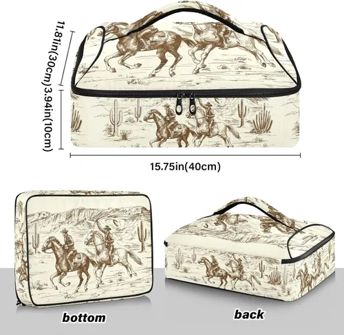 Vista 4 de Cazuela transportadora aislada West Cowboy Horses Plato de 9 x 13 pulgadas con tapa, bolsa calentadora de viaje para alimentos calientes o fríos