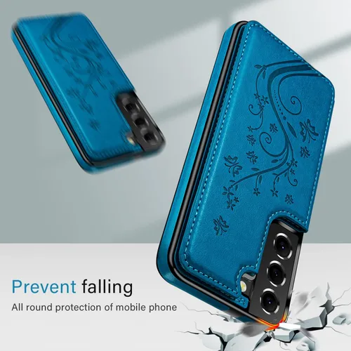 Vista 5 de Korecase - Funda tipo cartera para Samsung Galaxy S23 con tarjetero y tarjetero de piel sintética, diseño de mariposas y flores, color azul