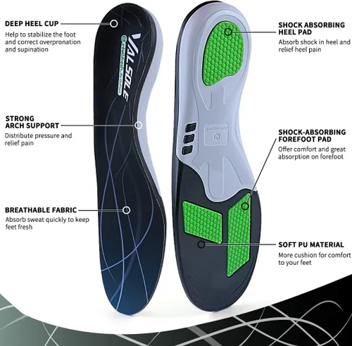Vista 2 de VALSOLE Plantillas ortopédicas para zapatos para fascitis plantar, plantillas atléticas para correr para mujeres y hombres, plantillas de gel