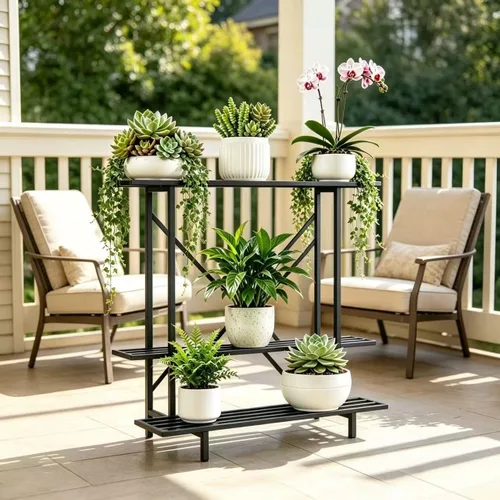 Vista 5 de Zhongma Soporte para plantas de 3 niveles que ahorra espacio, resistente para balcón, hogar, jardín, soporte de metal resistente para plantas