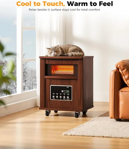 Vista 8 de Calentador de espacio infrarrojo para uso en interiores - Calentador de caja portátil de 1500 W con gabinete de madera, control remoto