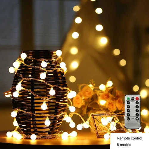 Vista 10 de ZIMINGU - Tira de luces LED con forma de bola, 5.99 m, 40 LED, impermeable, guirnalda de luces de hadas con control remoto, alimentación por USB