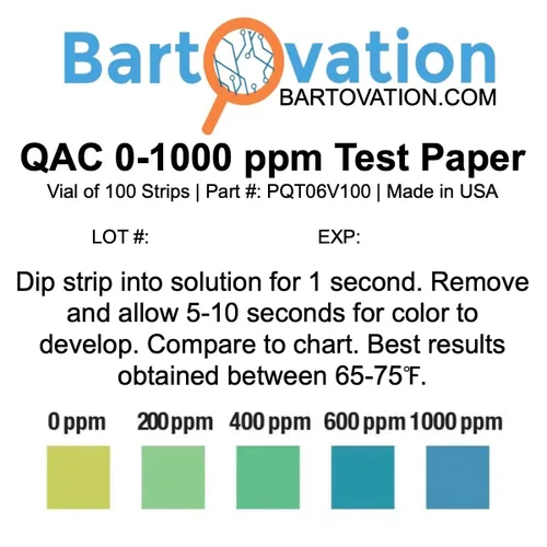 Vista 4 de Papel de prueba de amonio cuaternario (QAC, Multi Quat), 0-1000 ppm [Vial de 100 tiras de papel] QAC, Multi Quat, Made in USA, Foodservice & Sink