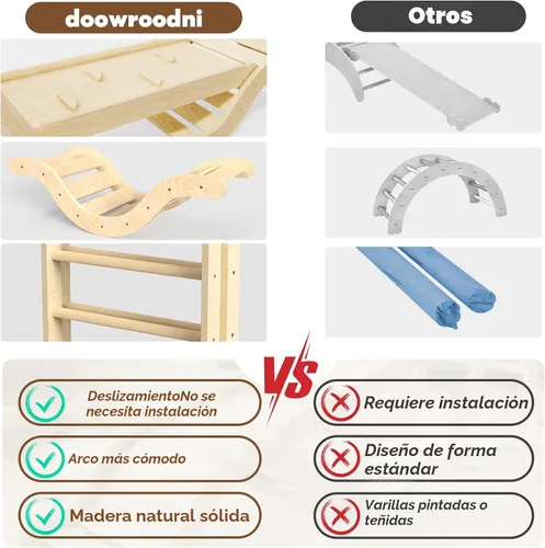 Vista 5 de doowroodni Juego de triángulo Pikler 7en1 Juguetes de escalada para niños pequeños de interior Juguetes de escalada plegables para bebés de madera