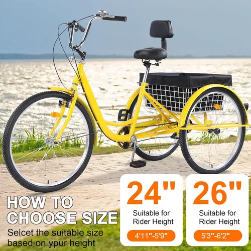 Vista 7 de Triciclos para adultos, 7 velocidades, triciclos para adultos de 26 pulgadas, 3 ruedas, bicicleta de crucero con cesta para personas mayores
