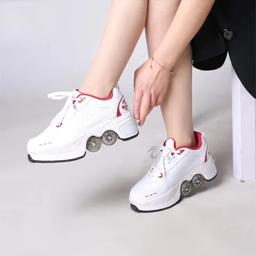 Vista 3 de Zapatos de patinaje convertibles para hombres y mujeres, zapatos de paseo automáticos para niños y adultos, patines con doble fila de ruedas, ruedas