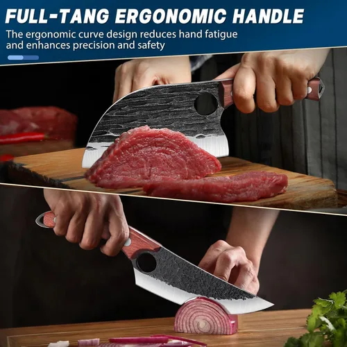 Vista 3 de TAN REN Juego de 3 Cuchillos de Carnicero para Cortar Carne, Cuchillos Cuchillas de Carnicero Forjados a Mano con Mango de Madera, Juego de Juego
