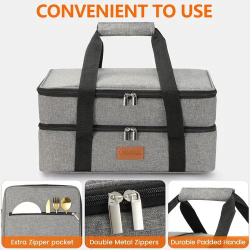 Vista 4 de Uoxfill Bolsa de almuerzo aislada térmica para alimentos aislados de dos pisos para alimentos calientes o fríos, bolsa de mano aislada para comidas