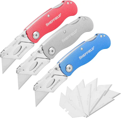 Vista 15 de Sheffield 12514 Cuchillo Utilitario Plegable Paquete de 3, Rellenos para Calcetines, Regalos para Hombres, Regalos para Papá, Hojas de Cuchillo